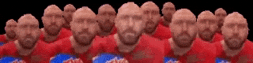 a group of bald men wearing red shirts with the word coca-cola on them