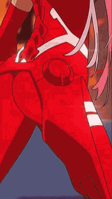 a girl with pink hair is wearing a red suit with a white z on it