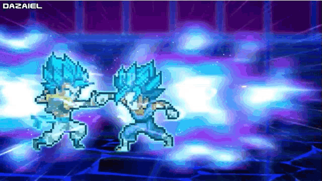 two pixel art characters are fighting each other on a purple background .