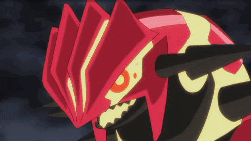 a cartoon drawing of a red and yellow monster with sharp teeth