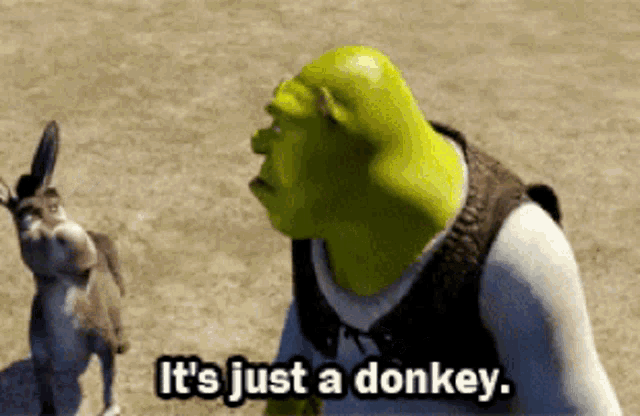 shrek says it 's just a donkey while looking at a donkey