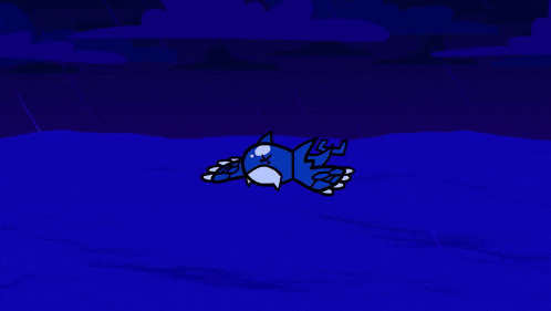 a cartoon drawing of a bird laying in the water with a lightning bolt in the background