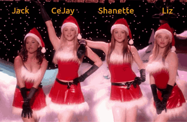 a group of women dressed in santa outfits with the names jack cejay and shanette