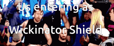 us entering as wickinator shield is written in white letters on a blue background