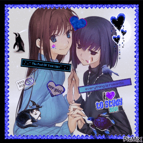 a picture of two anime girls with the words " the feel of your lips " and " my girl " on their shirts
