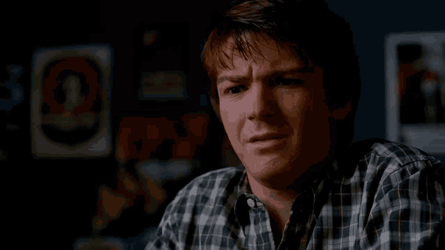 a man in a plaid shirt is looking at something