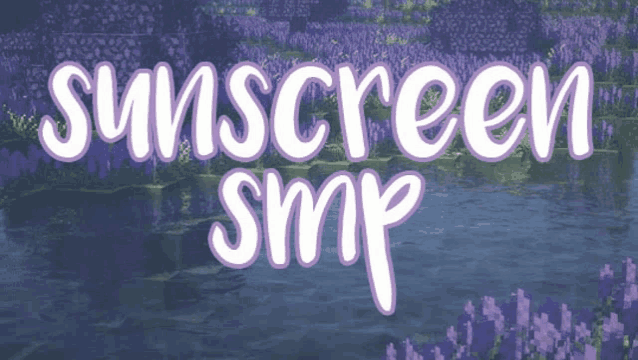 a poster for sunscreen smp with purple flowers and water