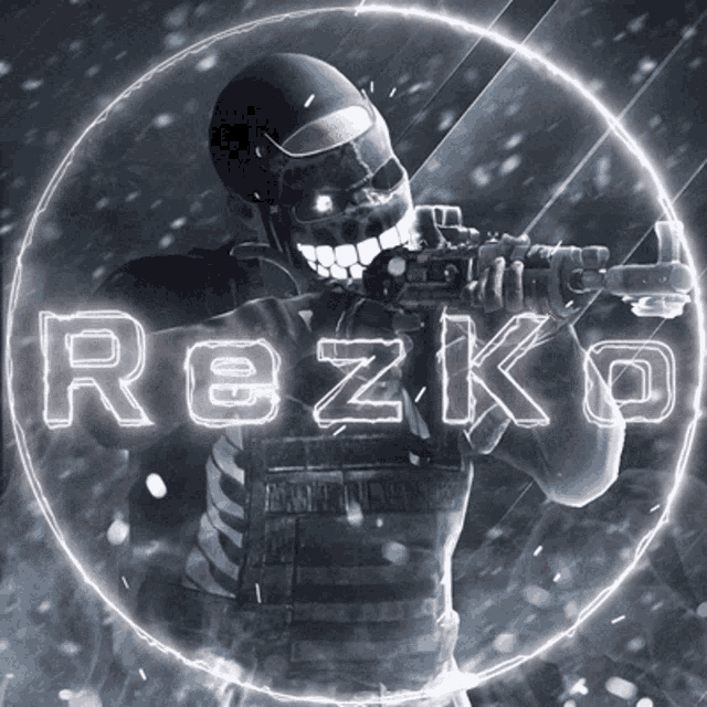 a picture of a man holding a gun with the word rezko written on it