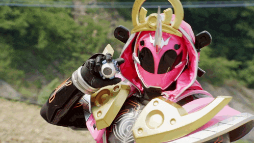 a pink and gold samurai holding a sword and a watch