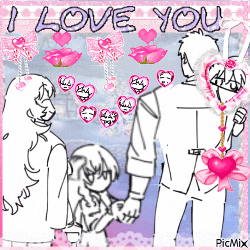 a drawing of a man and woman holding hands with the words " i love you " above them