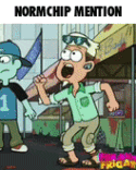 a cartoon of two boys standing next to each other with the words normchip mention written on the bottom .