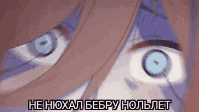a close up of a person 's eyes with blue eyes and a foreign language written above them .