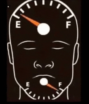 a drawing of a person 's face with a fuel gauge pointing to the e and f .