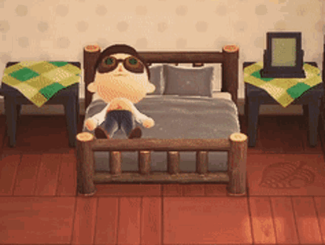 a cartoon character is sitting on a bed wearing sunglasses