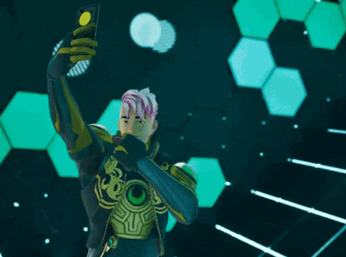 a man with purple hair is holding a light bulb