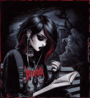 a gothic girl is reading a book with bats behind her