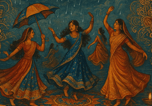 a painting of women dancing in the rain with one holding an umbrella
