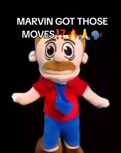 a stuffed animal with a mustache and tie is dancing with the words `` marvin got those moves '' above it .