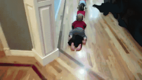 a group of children are crawling down a wooden floor