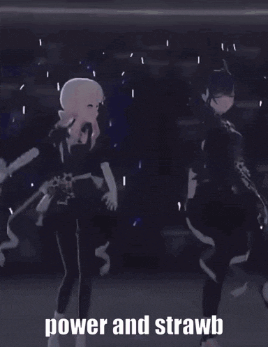 a couple of anime characters are dancing with the words power and strawb in the background