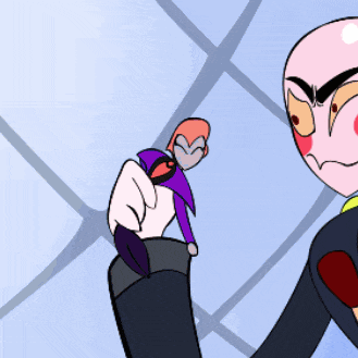 a cartoon character in a suit and tie is pointing at something