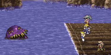 a video game scene with a purple monster and a few characters