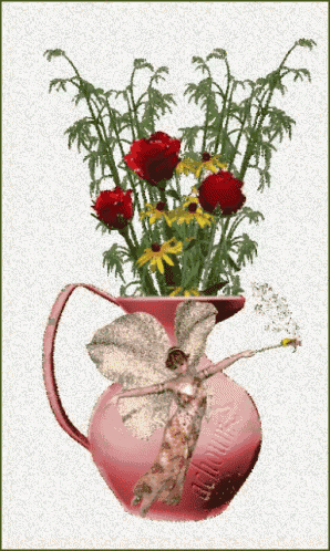 a pink pitcher with flowers in it and a fairy on top of it