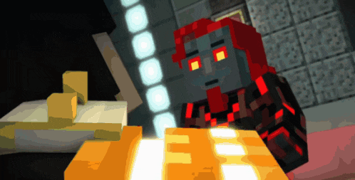 a minecraft character with red hair and red eyes is looking at something