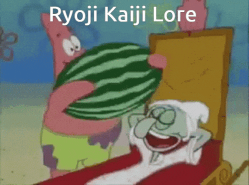 a cartoon of patrick and squidward with the words ryoji kaiji lore on the bottom