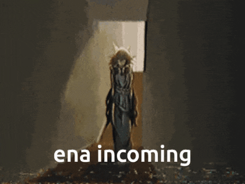 a statue of liberty standing in a doorway with the words ena incoming below it
