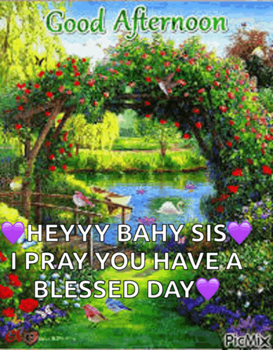 a good afternoon greeting card with a picture of a garden and a river .