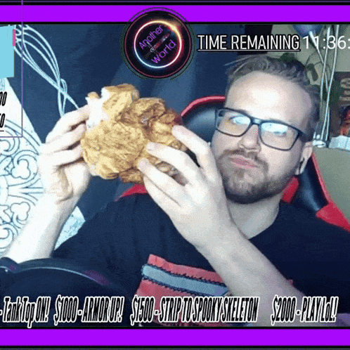 a man with glasses is eating a chicken sandwich with another world written on the bottom right