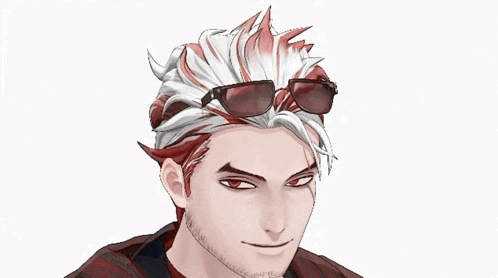a man with white hair and red eyes is wearing sunglasses and smiling .