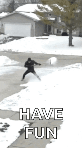 a man is throwing a snowball in the air with the words have fun below him
