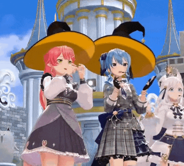 three anime girls wearing witch hats are standing in front of a building