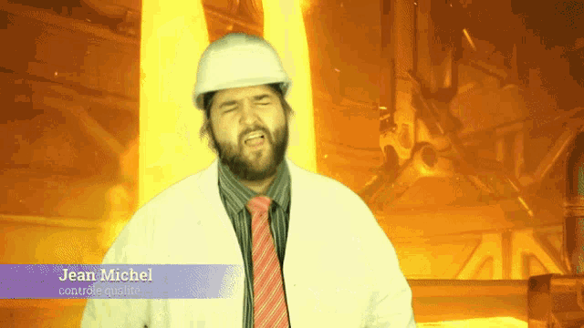 a man with a beard wearing a white hard hat and a red tie with the name jean michel on the bottom