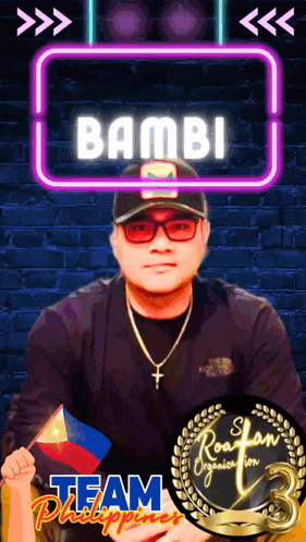 a man wearing glasses and a hat is holding a flag in front of a neon sign that says " bambi "