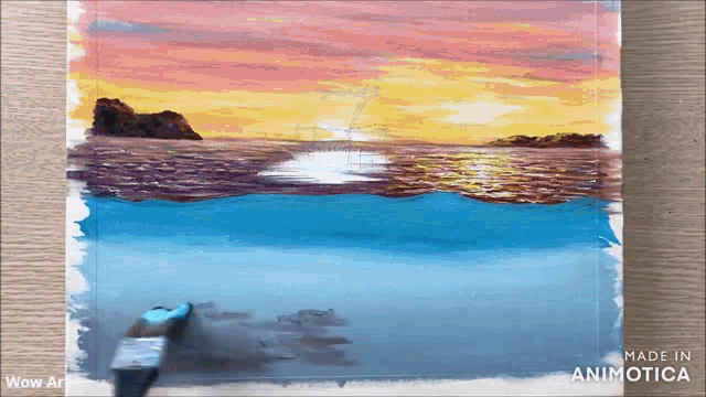 a painting of a sunset over the ocean is made in animoto