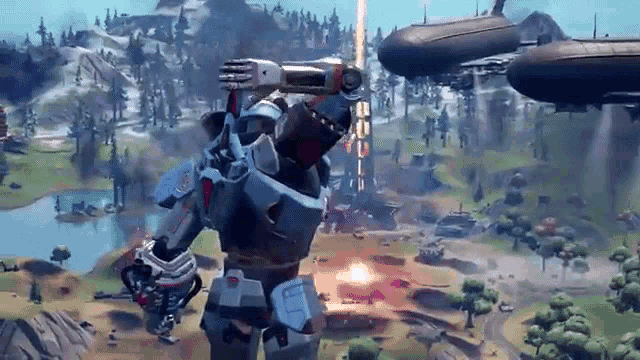 a robot is flying through the air in a video game while holding a gun .