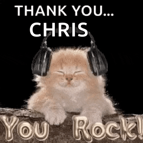 a kitten wearing headphones is sitting on a rock and says `` thank you ... chris you rock ! ''