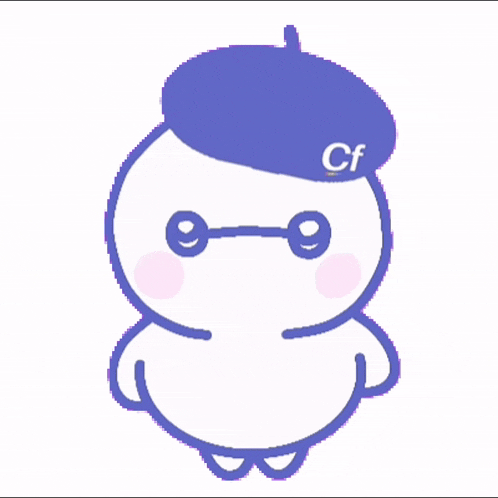 a cartoon character wearing a purple hat with cf on it