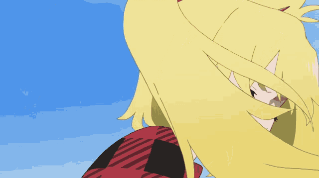a drawing of a girl with long blonde hair and a blue sky in the background