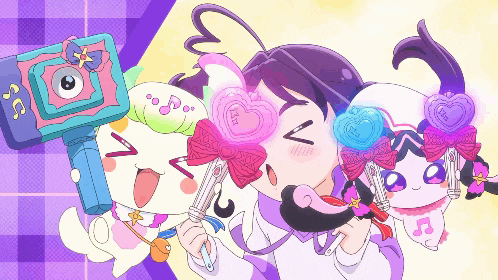 a cartoon drawing of a girl holding a lollipop and a camera with the letter s on it