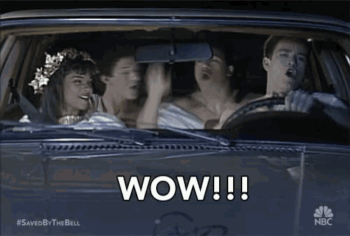 a group of people in a car with the words wow written on the top