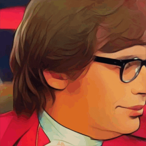 a close up of a man wearing glasses and a red coat