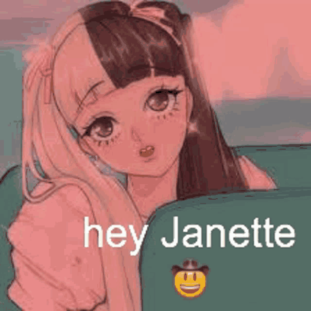 a girl is sitting in a car with the words `` hey janette '' .