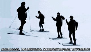 a group of people skiing in the snow with the names alex lennon , cecil harrison , lamby mccartney and robbie starr