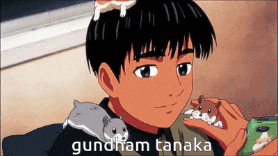 a cartoon of a boy with two hamsters on his shoulders and the name gundham tanaka