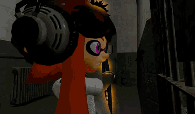a cartoon character wearing headphones looks at another character