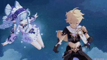a boy and a girl are in a video game and the girl is flying through the air